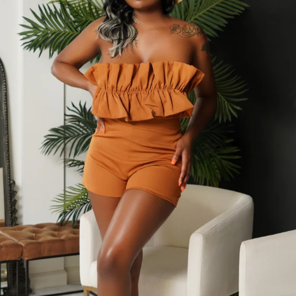 Strapless Coffee Ruffle Romper